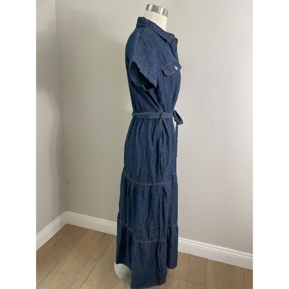 NEW J Gee Womens Small Denim Button Up Tiered Midi Dress Pockets & Belted Waist - Picture 8 of 12